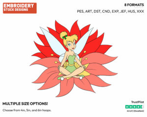 Tinker Bell Sitting On A Poinsettia - Disney Characters - Christmas - Holiday Inspired Embroidery Design in 3 sizes & 8 formats