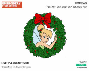 Tinker Bell Wreath - Disney Characters - Christmas - Holiday Inspired Embroidery Design in 3 sizes & 8 formats