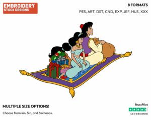 Aladdin, Jasmine On Carpet - Disney Characters - Christmas - Holiday Inspired Embroidery Design in 3 sizes & 8 formats