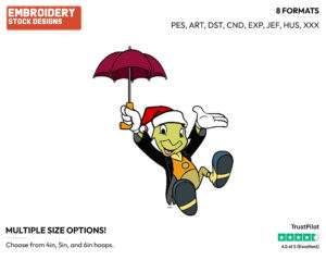Jiminy Cricket - Disney Characters - Christmas - Holiday Inspired Embroidery Design in 3 sizes & 8 formats