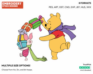 Winnie The Pooh, Piglet Carrying Christmas Presents - Disney Characters - Christmas - Holiday Inspired Embroidery Design in 3 sizes & 8 formats