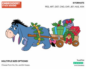 Eeyore Drawing Cart Of Christmas Presents - Disney Characters - Christmas - Holiday Inspired Embroidery Design in 3 sizes & 8 formats