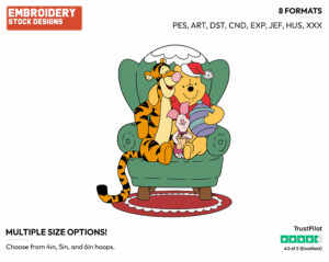 Winnie The Pooh, Tigger, Piglet Sitting On Chair - Disney Characters - Christmas - Holiday Inspired Embroidery Design in 3 sizes & 8 formats