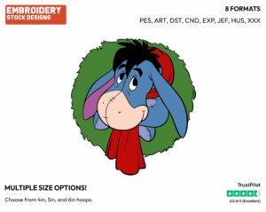 Eeyore In A Wreath - Disney Characters - Christmas - Holiday Inspired Embroidery Design in 3 sizes & 8 formats
