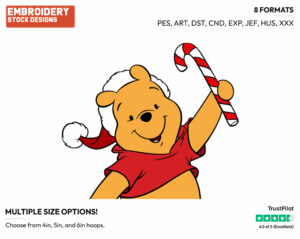 Winnie The Pooh Candy Cane - Disney Characters - Christmas - Holiday Inspired Embroidery Design in 3 sizes & 8 formats