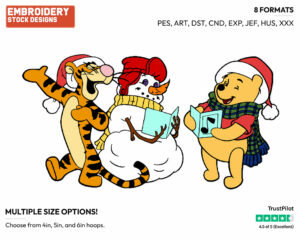Tigger, Winnie The Pooh Singing Carols - Disney Characters - Christmas - Holiday Inspired Embroidery Design in 3 sizes & 8 formats