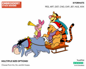 Winnie The Pooh, Tigger, Eeyore, Piglet Sled - Disney Characters - Christmas - Holiday Inspired Embroidery Design in 3 sizes & 8 formats