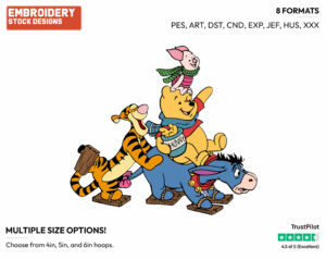 Winnie The Pooh, Piglet, Tigger, Eeyore Skating - Disney Characters - Christmas - Holiday Inspired Embroidery Design in 3 sizes & 8 formats