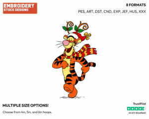 Tigger Wearing Antlers - Disney Characters - Christmas - Holiday Inspired Embroidery Design in 3 sizes & 8 formats