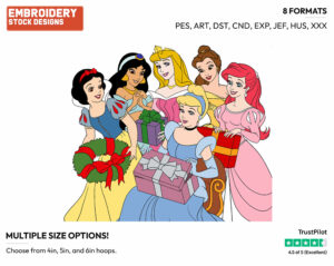 Jasmine, Cinderella, Aurora, Belle, Snow White, Ariel - Disney Characters - Christmas - Holiday Inspired Embroidery Design in 3 sizes & 8 formats