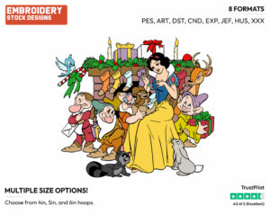 Snow White, Dwarfs Exchanging Presents - Disney Characters - Christmas - Holiday Inspired Embroidery Design in 3 sizes & 8 formats