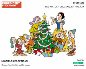 Snow White, Dwarfs Decorating Christmas Tree - Disney Characters - Christmas - Holiday Inspired Embroidery Design in 3 sizes & 8 formats