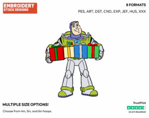 Buzz Lightyear Holding Presents - Disney Characters - Christmas - Holiday Inspired Embroidery Design in 3 sizes & 8 formats