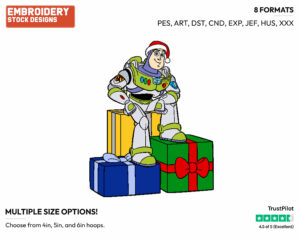 Buzz Lightyear Sitting On Presents - Disney Characters - Christmas - Holiday Inspired Embroidery Design in 3 sizes & 8 formats