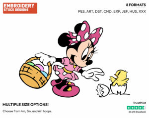 Young Minnie Mouse Finding A Chick On Her Easter Egg Hunt - Disney Characters - Easter - Holiday Inspired Embroidery Design in 3 sizes & 8 formats