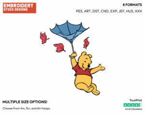 Winnie The Pooh With Umbrella - Disney Characters - Autumn & Fall Season - Holiday Inspired Embroidery Design in 3 sizes & 8 formats