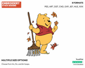 Winnie The Pooh With A Rake - Disney Characters - Autumn & Fall Season - Holiday Inspired Embroidery Design in 3 sizes & 8 formats