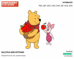 Pooh, Piglet Carrying Apples - Disney Characters - Autumn & Fall Season - Holiday Inspired Embroidery Design in 3 sizes & 8 formats