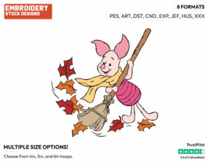 Piglet Raking Leaves - Disney Characters - Autumn & Fall Season - Holiday Inspired Embroidery Design in 3 sizes & 8 formats