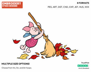 Piglet Sweeping Leaves - Disney Characters - Autumn & Fall Season - Holiday Inspired Embroidery Design in 3 sizes & 8 formats