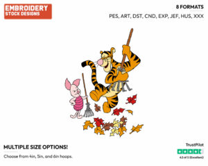 Tigger, Piglet Raking Leaves - Disney Characters - Autumn & Fall Season - Holiday Inspired Embroidery Design in 3 sizes & 8 formats