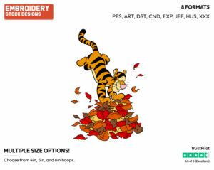 Tigger Jumping Into A Pile Of Fall Leaves - Disney Characters - Autumn & Fall Season - Holiday Inspired Embroidery Design in 3 sizes & 8 formats