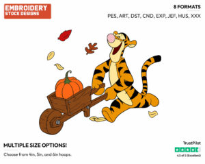 Tigger Carting A Pumpkin - Disney Characters - Autumn & Fall Season - Holiday Inspired Embroidery Design in 3 sizes & 8 formats