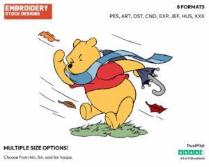 Winnie The Pooh On Windy Day - Disney Characters - Autumn & Fall Season - Holiday Inspired Embroidery Design in 3 sizes & 8 formats