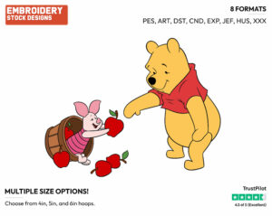 Winnie The Pooh, Piglet Picking Apples - Disney Characters - Autumn & Fall Season - Holiday Inspired Embroidery Design in 3 sizes & 8 formats