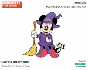 Witch Minnie Mouse, Figaro - Disney Characters - Halloween - Holiday Inspired Embroidery Design in 3 sizes & 8 formats