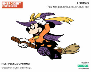 Minnie Mouse As Witch On Broom - Disney Characters - Halloween - Holiday Inspired Embroidery Design in 3 sizes & 8 formats