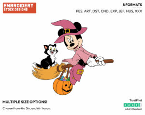 Minnie Mouse As Witch On Broom - Disney Characters - Halloween - Holiday Inspired Embroidery Design in 3 sizes & 8 formats