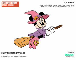 Minnie Mouse As Witch On Broom - Disney Characters - Halloween - Holiday Inspired Embroidery Design in 3 sizes & 8 formats