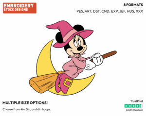 Minnie Mouse As Witch On Broom - Disney Characters - Halloween - Holiday Inspired Embroidery Design in 3 sizes & 8 formats