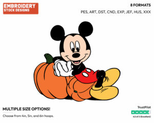 Mickey Mouse Leaning Against Pumpkins - Disney Characters - Halloween - Holiday Inspired Embroidery Design in 3 sizes & 8 formats