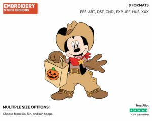 Mickey Trick-Or-Treating As A Cowboy - Disney Characters - Halloween - Holiday Inspired Embroidery Design in 3 sizes & 8 formats