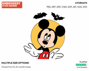 Mickey Mouse Frightened By Bats - Disney Characters - Halloween - Holiday Inspired Embroidery Design in 3 sizes & 8 formats