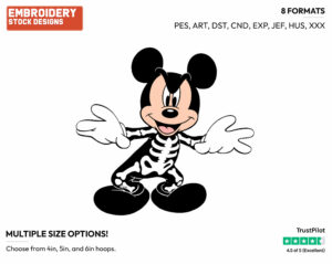 Mickey Mouse As A Skeleton - Disney Characters - Halloween - Holiday Inspired Embroidery Design in 3 sizes & 8 formats