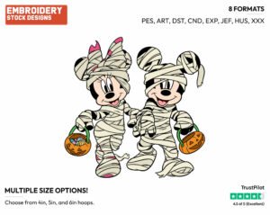 Mickey, Minnie Mouse Trick-Or-Treating As Mummies - Disney Characters - Halloween - Holiday Inspired Embroidery Design in 3 sizes & 8 formats