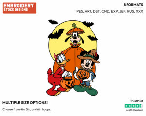 Mickey Mouse, Donald Duck And Goofy In Costume - Disney Characters - Halloween - Holiday Inspired Embroidery Design in 3 sizes & 8 formats