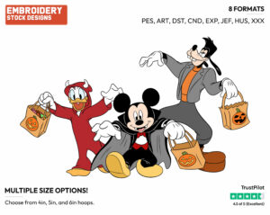 Mickey Mouse, Donald Duck And Goofy On Halloween - Disney Characters - Halloween - Holiday Inspired Embroidery Design in 3 sizes & 8 formats