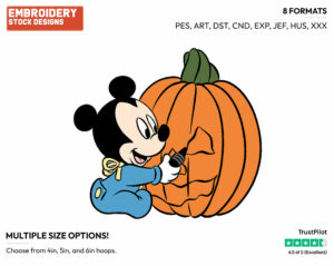 Baby Mickey Drawing On A Pumpkin - Disney Characters - Halloween - Holiday Inspired Embroidery Design in 3 sizes & 8 formats
