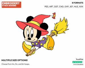 Baby Minnie As A Witch On A Broom - Disney Characters - Halloween - Holiday Inspired Embroidery Design in 3 sizes & 8 formats