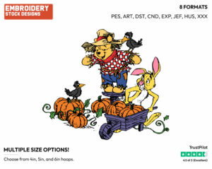Winnie The Pooh As A Scarecrow And Rabbit In The Garden - Disney Characters - Halloween - Holiday Inspired Embroidery Design in 3 sizes & 8 formats