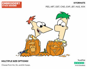 Phineas, Ferb Carving Pumpkins - Disney Characters - Halloween - Holiday Inspired Embroidery Design in 3 sizes & 8 formats