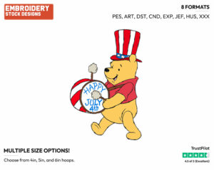 Winnie The Pooh American Independance Day - Disney Characters - 4th of July St Patrick's and New Year's and more - Holiday Inspired Embroidery Design in 3 sizes & 8 formats