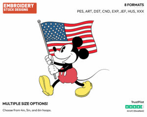 Classic Mickey Holding American Flag - Disney Characters - 4th of July St Patrick's and New Year's and more - Holiday Inspired Embroidery Design in 3 sizes & 8 formats