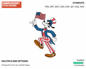 Classic Goofy Holding American Flag - Disney Characters - 4th of July St Patrick's and New Year's and more - Holiday Inspired Embroidery Design in 3 sizes & 8 formats
