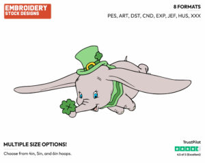 Dumbo Wearing A Green Hat Carrying A Clover - Disney Characters - 4th of July St Patrick's and New Year's and more - Holiday Inspired Embroidery Design in 3 sizes & 8 formats