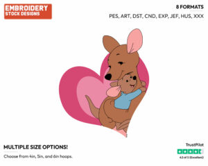 Kanga And Roo Hugging Inside A Heart - Disney Characters - Mother's Day - Holiday Inspired Embroidery Design in 3 sizes & 8 formats
